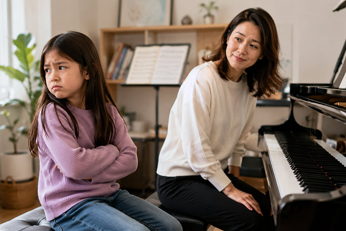 Parent and child discussing difficulties with music lessons at home