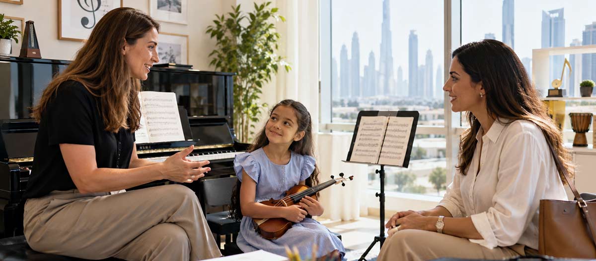 Mother discussing her child’s violin lessons with a music teacher in Dubai